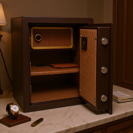 כספת בגודל 50 אינץ', פנים אלגנטיות, צבע חום ייחודי, חזקה ועמידה, פועלת באמצעות מנעול טביעת אצבע ומנעול קומבינציה, ומגיעה עם שני מפתחות.