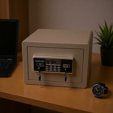 כספת בגודל 25 אינץ', אלגנטית מבפנים, בצבע זהב ייחודי, חזקה ועמידה, פועלת באמצעות מנעול קומבינציה, ומגיעה עם שני מפתחות.