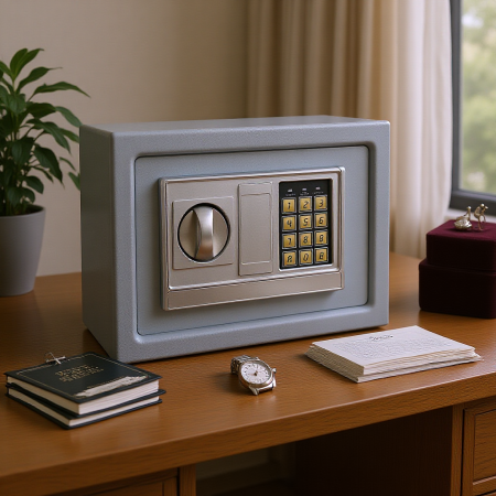 כספת בגודל 20 אינץ', בצבעי שחור ולבן, חזקה ועמידה, פועלת באמצעות קוד סודי, מגיעה עם מפתח, מרווחת ויפה.