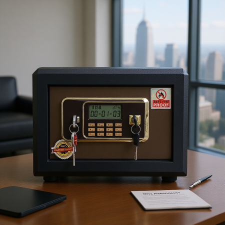 כספת חסינת אש בגודל 20 אינץ' בצבע חום וזהב ייחודי, חזקה ועמידה, פועלת באמצעות קוד סודי, מגיעה עם שני מפתחות, במשקל 27 ק"ג.